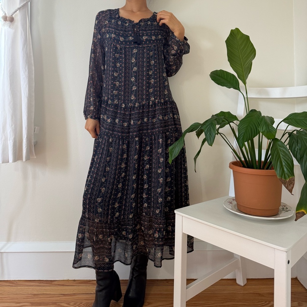 Thursday Island Tiered Floral Printed Flowy Long Sleeve Navy Boho Dress Size S